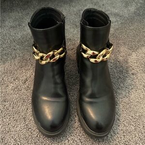 Black Leather Ankle Boots with Gold Chain